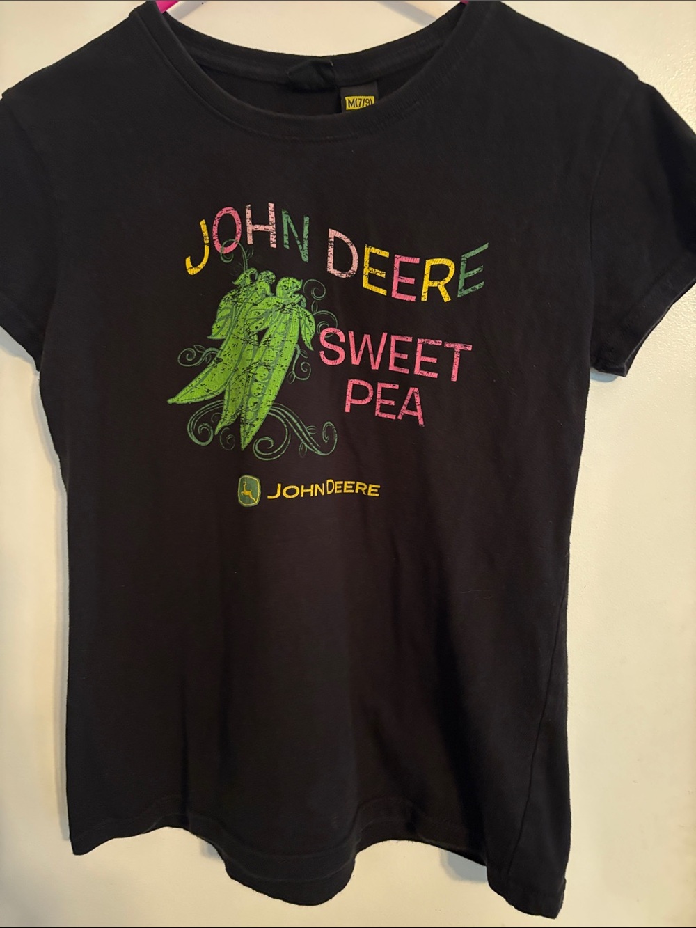 John Deere Black Tee with Green Pea and Pink Lettering